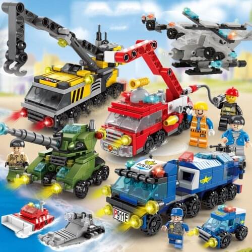 6in1 Fire Fighting Trucks Car Helicopter Police Station Car Building Blocks City Construction Team Figures Bricks Toys Child