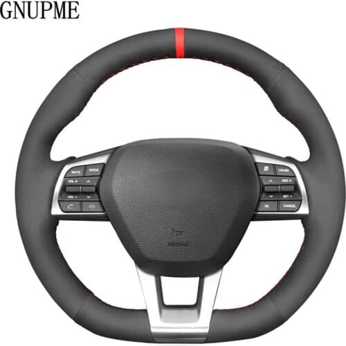 Hand-Stitched Black Suede Car Steering Wheel Covers Braids For Hyundai Sonata 9 (3-Spoke | D-Shape) 2015 2016 2017 2018-2019