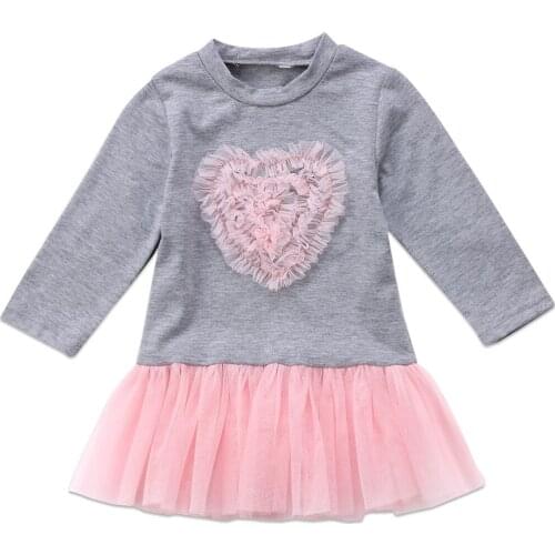 Toddler Kids Baby Girl Long Sleeve Lace Dress Sweatshirt Patchwork Heart Ruffle TuTu Outfit Clothes