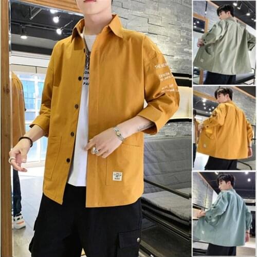 Summer Shirt 7-sleeve Tooling Short Sleeve Black White Mens Casual Handsome Inch Korean Fashion Jacket Shirts Blouses Cardigan