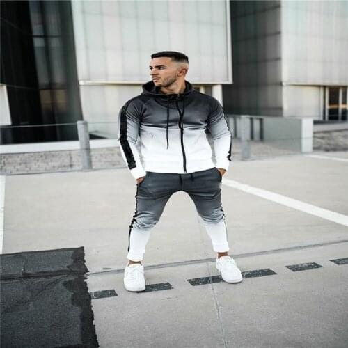 Men Clothing 2021 New European Version of Sports Fitness Mens Cardigan Elastic Hooded Gradient Suit Jacket + Pants 2-piece Set