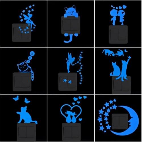 Light Switch Sticker Luminous Wall Stickers Cartoon Glow in the Dark Sticker Decal for Kids Room Decoration Home Decor Cat Fairy
