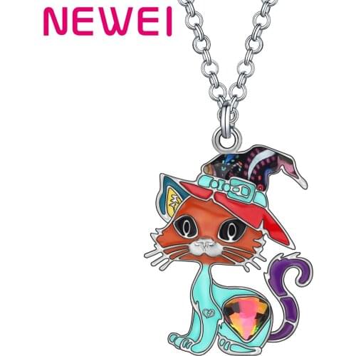 Newei Enamel Alloy Crystal Rhinestone Cat Necklace Pendant Long Cute Kitten Animal Choker Jewelry For Women Girls Fashion Gift
