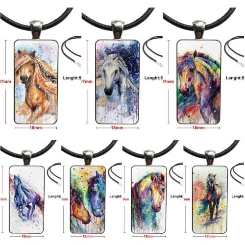 For Unisex Artistic Watercolor Running Horse Print Glass Cabochon Pendant Necklace Rectangle Fashion Necklace