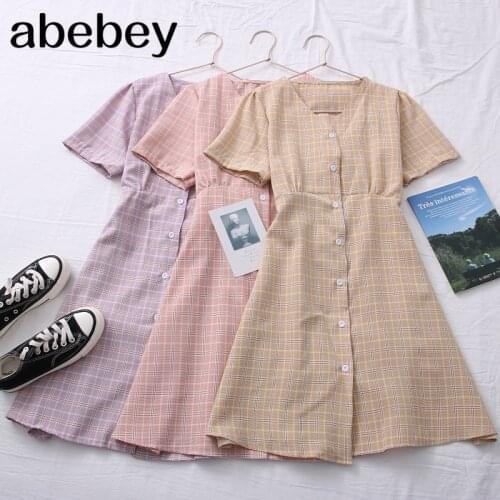 2021 New Spring Summer Fashion age reduction All-match V-neck Dress Plaid single breasted waist strap Short Sleeve Dress