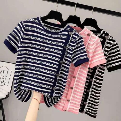 Striped V-Neck Pullover Women Short Sleeve Button Woman Sweater 2021 Thin Summer Knitted Korean Fashion Clothes Sweater Femme