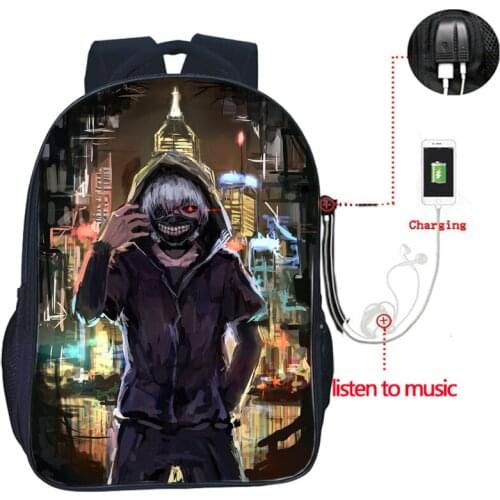 Hot Sale Tokyo Ghoul USB Charge Backpack Fashion USB Charging Travel Shoulder Bag Students Boys Girls Teens Mochila Schoolbag