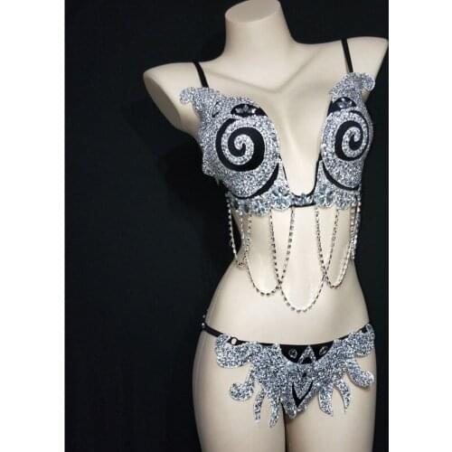 Silver Rhinestone Pearl Chain Bra Short Summer Sexy Bikini Set Prom Dancer Celebrate Outfit Women Birthday Outfit Set