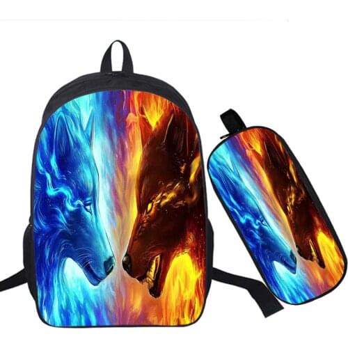 Girls Boys Wolf School Backpack 2 Pcs Set Book Rucksack Animal Pencil Bags Teens Book Bags Student Back To School Backpacks Gift