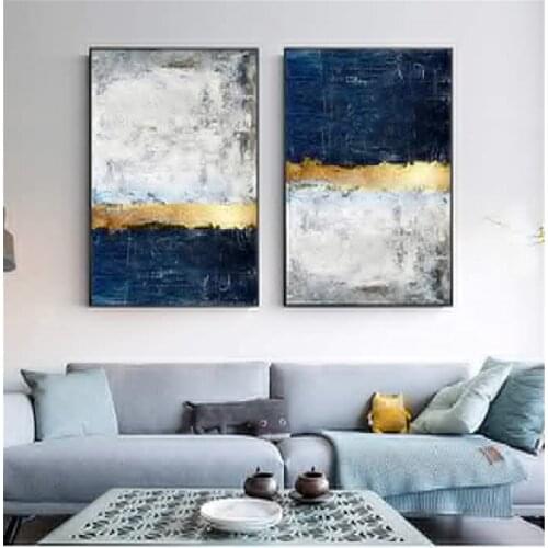 Modern Golden Wall Art Picture Abstract Gold Foil Block Painting Blue Poster Print For Living Room Navy Decor