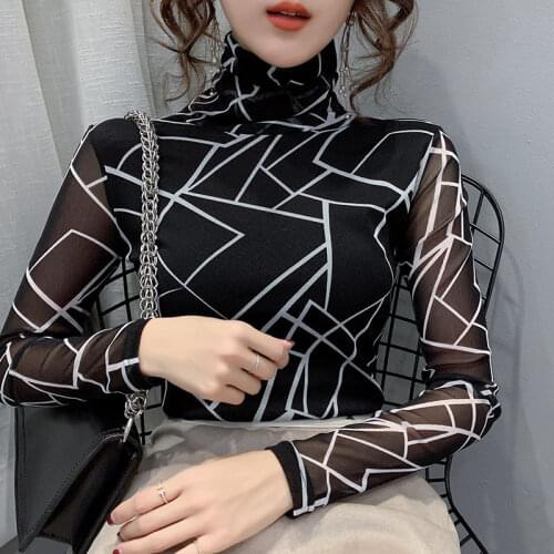 The new style of western fashion net yarn top with slim and thin high-neck bottoming shirt women