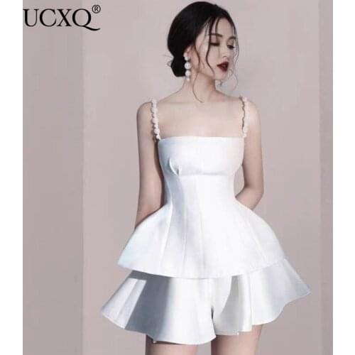 UCXQ Woman Suit White Solid Pearls Chain Sleeveless Sling Top + High Waist Skirt Slim Vintage Style 2021 New Summer 23XF087