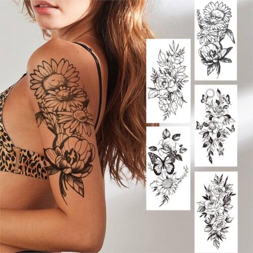 3D Flower Half Sleeve Temporary Tattoos For Women Girls Black Butterfly Carnations Peony Tattoo Sticker Fake Tatoos Waterproof