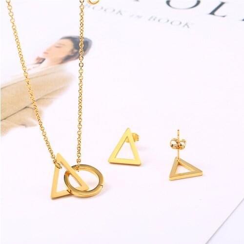 Stainless Steel Geometric Round Circle Jewelry Sets Gold Color Wedding Necklace Stud Earrings Women Gift