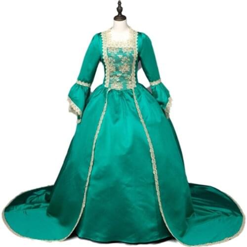 Green Marie Antoinette Renaissance Dresses Ball Gown with Train Reenactment Theatrical Costume