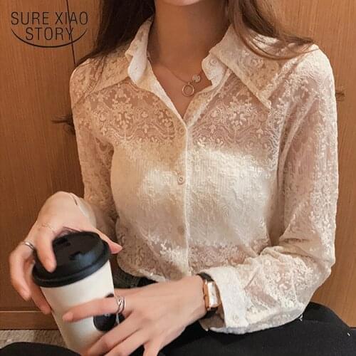 Spring New Lace Bottoming Shirt Office Lady Fashion Lace Blouse Plus Size Floral White Blouse Long Sleeve Korean Tops 13125