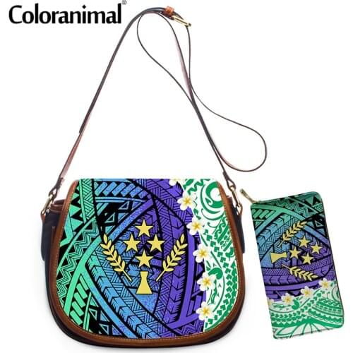Coloranimal 2021 Hot Sale 2Pcs/Set Crossbody Bag&Wallet Kosrae Polynesian Plumeria Printing Women Shoulder Bag Ladies PU Bolso