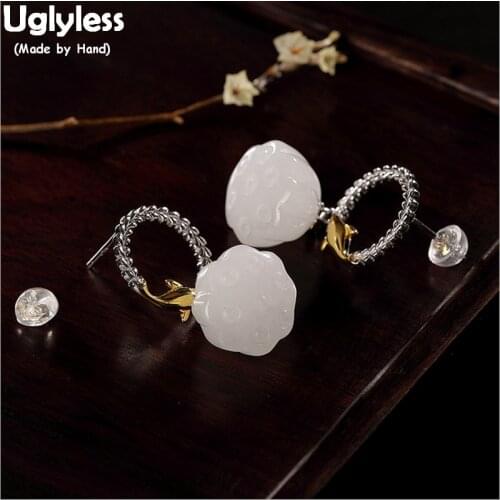 Uglyless 100% Real 925 Sterling Silver Dolphin Earrings for Women Natural Jade Lotus Earrings Handmade Fine Jewelry Fish Brincos