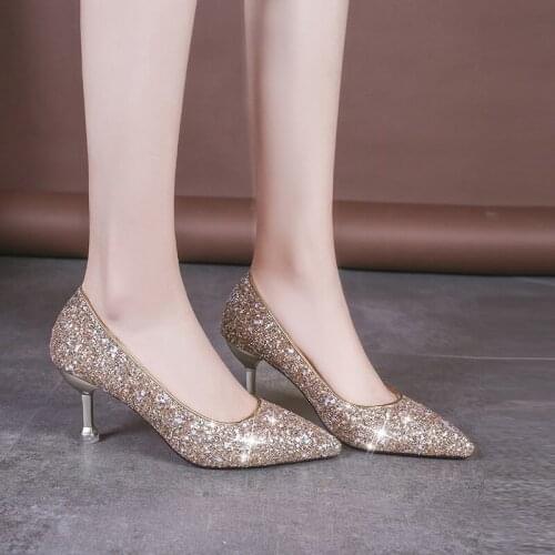 Plus Size 33-41 Sequins Pointed Toe Shoes Women Pumps Woman Luxury Bling High Heels Female Ladies Sexy Party Wedding Gold Heel