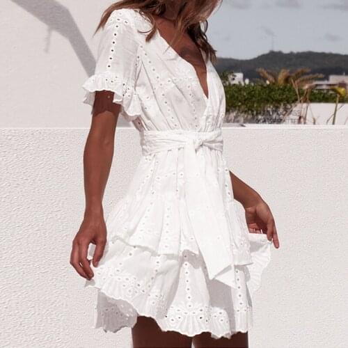 2021 New Summer V Neck White Dress Hollow Out Casual Ruffles Slim Party Dress Sashes Female Short Sleeve Mini Vestidos