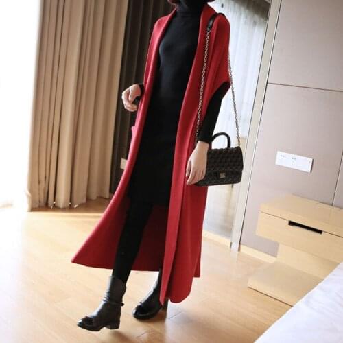 Women Autumn Winter Solid Color Loose Long Coat Female Sleeveless Knitted Vest Korean Fashion V-Neck Sweater Cotton Cardigan