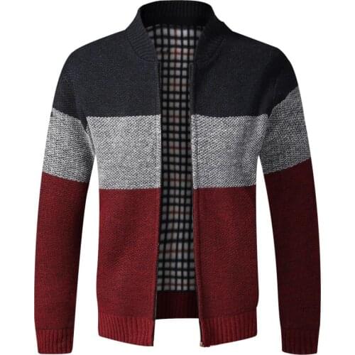 Winter Fashion Patchwork Mens Knitted Jackets Thick Comfy Long Sleeve Sweater Coat Warm Stand Collar Fall Tide Casual Cardigan