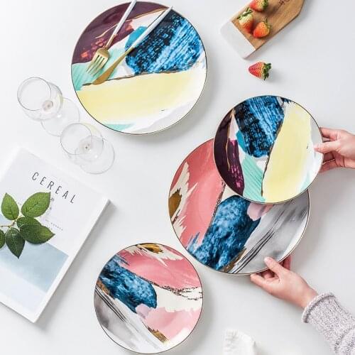 1PCS Dinnerware Painting Gold Inlay Colorful Cloud 8 /10 inch Ceramic Plate Dinner Porcelain Cake Snack Dessert Plate