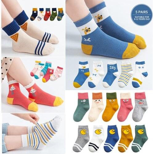 5 Pairs Children Cotton Socks Autumn Winter Spring Kids Boys Girls Warm Mid Socks Cartoon Stripe Sports Socks 1-12 Years Old