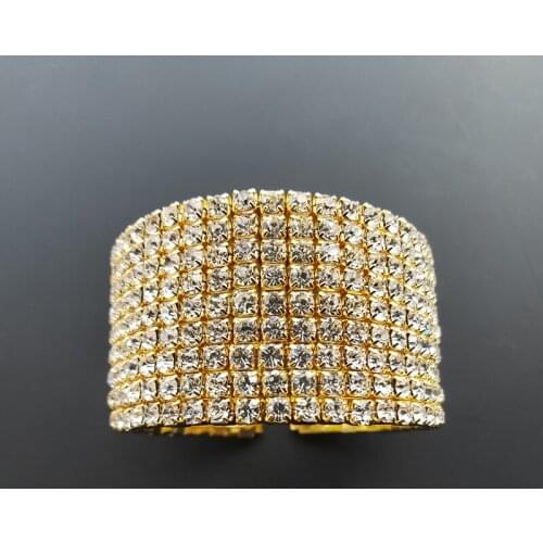 9 Rows Bridal Wedding Side Open Bangle Bracelets Silver Plated and Gold Color Crystal Rhinestone Cuff Bangle for Women