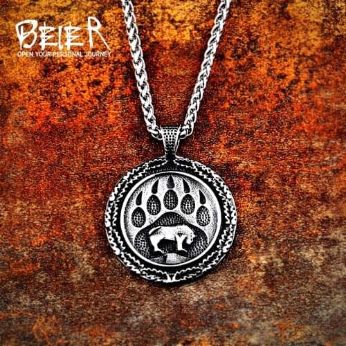 Beier 316L stainless steel Norse Viking Pendant Necklace Bear paw and head Amulet Odin 's Symbol Original Animal Jewelry LP371