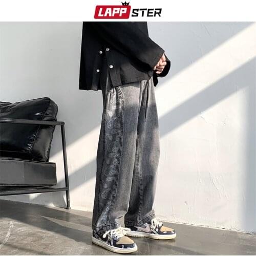 LAPPSTER Men Patchwork Oversized Jeans Pants 2021 Man Spring Harajuku Streetwear Denim Pants Male High Waist Hip Hop Harem Pants