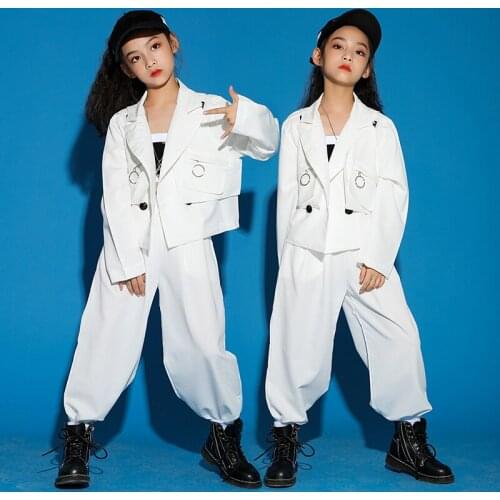 Kids Handsome Street Dance Clothing Girls Long Sleeve White Hip Hop/Jazz Dance Costume Children Catwalk Show Rave Outfit DWY4991