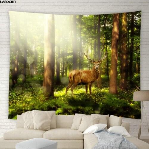 Natural Landscape Tapestry Misty Forest Scenery Wall Hanging Green Plants Flowers Elk Background Cloth Living Room Bedroom Decor