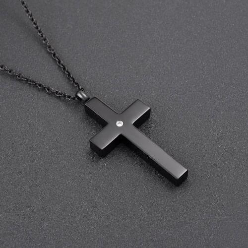 K9848 Black Cross Cremation Jewelry for Ashes Stainless Steel Crystal Pendant Keepsake Memorial Urn Necklace for Men Women