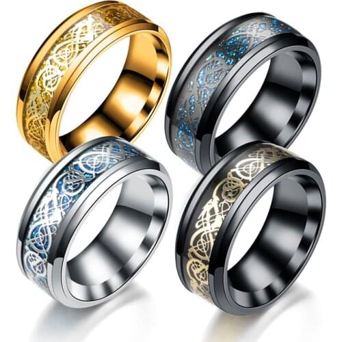 HOBBORN Trendy Stainless Steel Rings Men Dragon Grain Inlay Black Silver Color Ring Hip Hop Mens Party Jewelry Gift Dropshipping