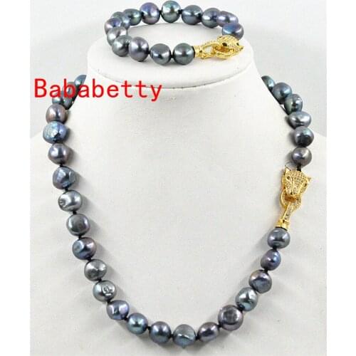 NEW 11-12mm Black Irregular shaped baroque pearl necklace 19" bracelet 8" set leopard Clasp set