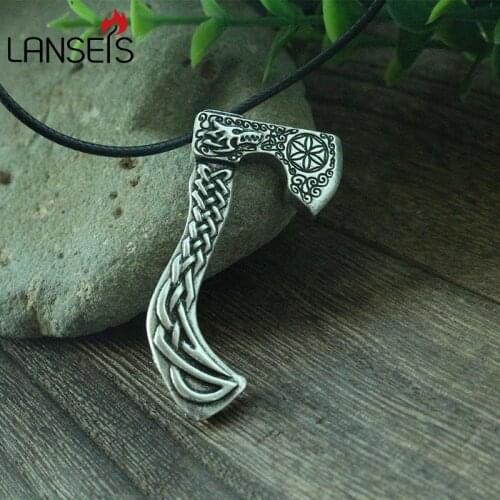 Lanseis 1pcs viking wolf axe necklace men pendant Nordic pagan jewelry