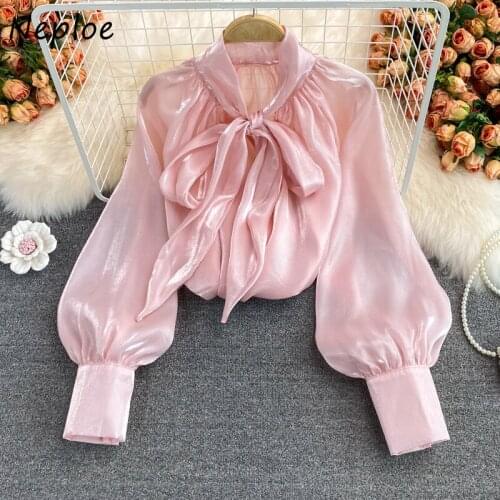 Neploe Fashion Temperament Tops Women Autumn New Fairy Loose Blouse Woman Bow V-neck Solid Color Blusas Mujer De Moda 2021