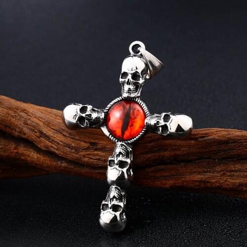 Vintage316 Stainless Steel Cross Skull Necklace Pendant with Claw Evil Red Eye For Men Unique jewelry Punk Style