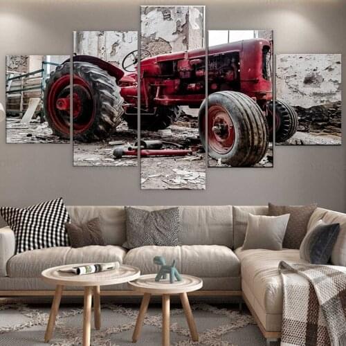 5 Piece Canvas Wall Art Pictures for Living Room Old Broken Tractor Paintings Modern Artwork Home Decor Giclee Wooden Framed