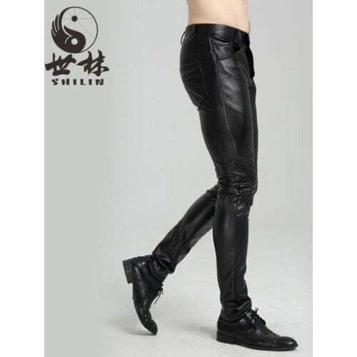 Autumn personality fashion motorcycle faux leather pants mens feet pants Plus velvet pu trousers for men pantalon homme black