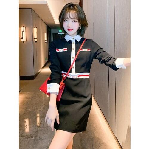 Commuting contrast Lapel with metal buckle waist A Dress girl 2021 Spring new High Quality Top Quality