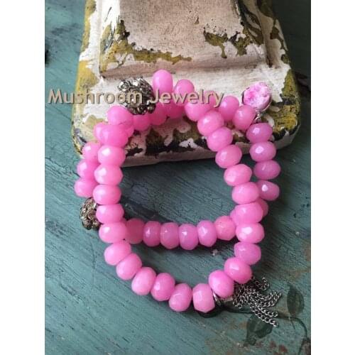 PaveCrystal Accent Spacer Metal Beaded Faceted Pink Jade Beads With Pave Crystal Beaded Boho Stretch Bracelet