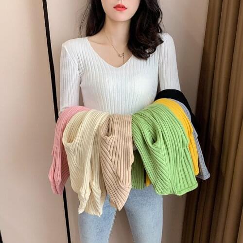New Spring And Autumn Korean Style V-Neck Sweater Women Base Knitted Long Sleeve Shirt Female Casual Solid Color Sweater Tops