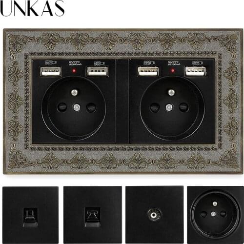 UNKAS EU / French Socket With Dual USB Port + TV RJ11 Telephone RJ45 Internet Computer Jack 146mm*86mm Black 4D Zinc Alloy Panel