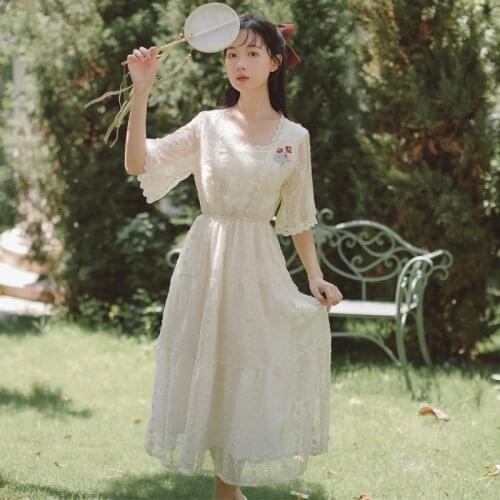 Vintage Rose Embroidery Sweet Girly Lace Dress 2021 New Summer Women Square Neck Romantic Gentle Style Dress