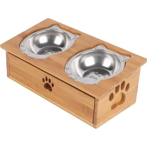 Overhead Cat Food And Water Bowl Dish Stand Elevated Dog Raised Bowls Bamboo Stainless Steel For Pets Feeding 4 Inches No Spill