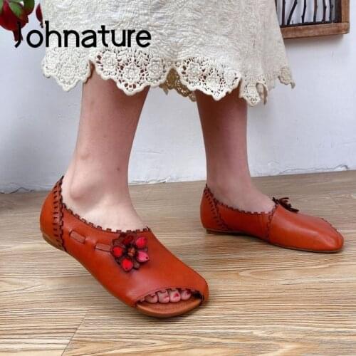 Johnature Genuine Leather Shoes Women Sandals Retro Floral 2021 New Flat With Handmade Concise Leisure Sewing Ladies Sandals