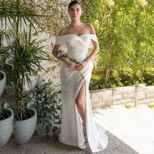 Sweetheart Off Shoulder Pleats Split Zipper Satin Mermaid Wedding Dress 2021 Bridal Gown robes de mariées