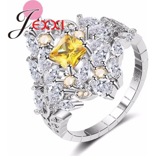 Hot Sell Mystic Sparkly Flower Ring for Women Wedding Party 925 Sterling Silver Jewelry White and Yellow Zircon Ring
